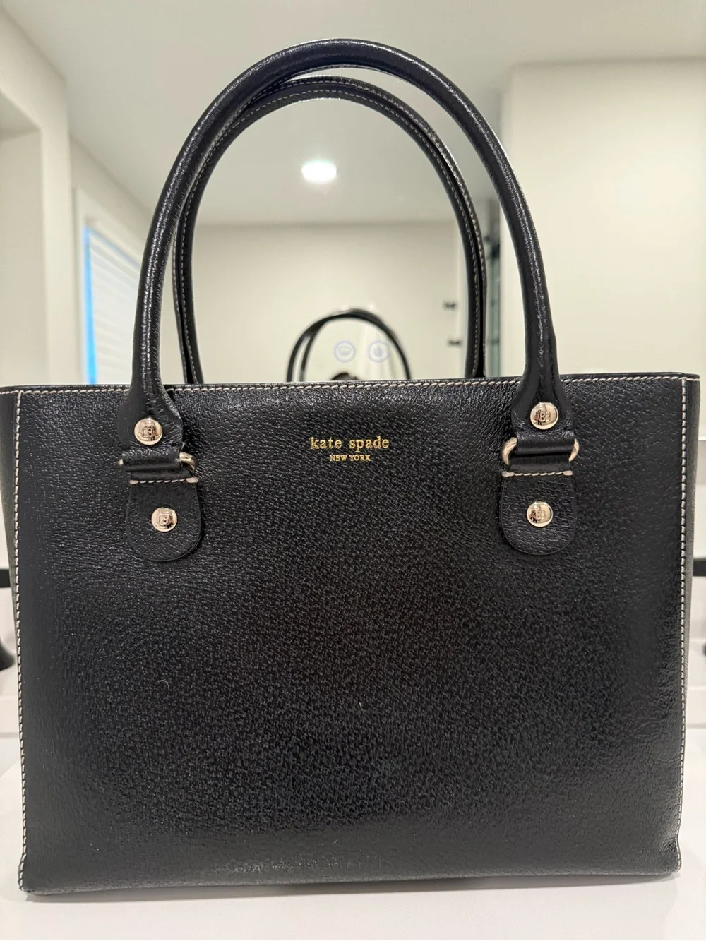 kate spade Black Pebbled Leather Tote with Gold Logo